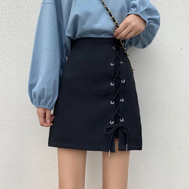 New Style Tie Up Women's High Waist Skirt Anti Walking Light A-shaped Akirt In Summer 2021 Show Thin Half Body Hip Skirt Girl