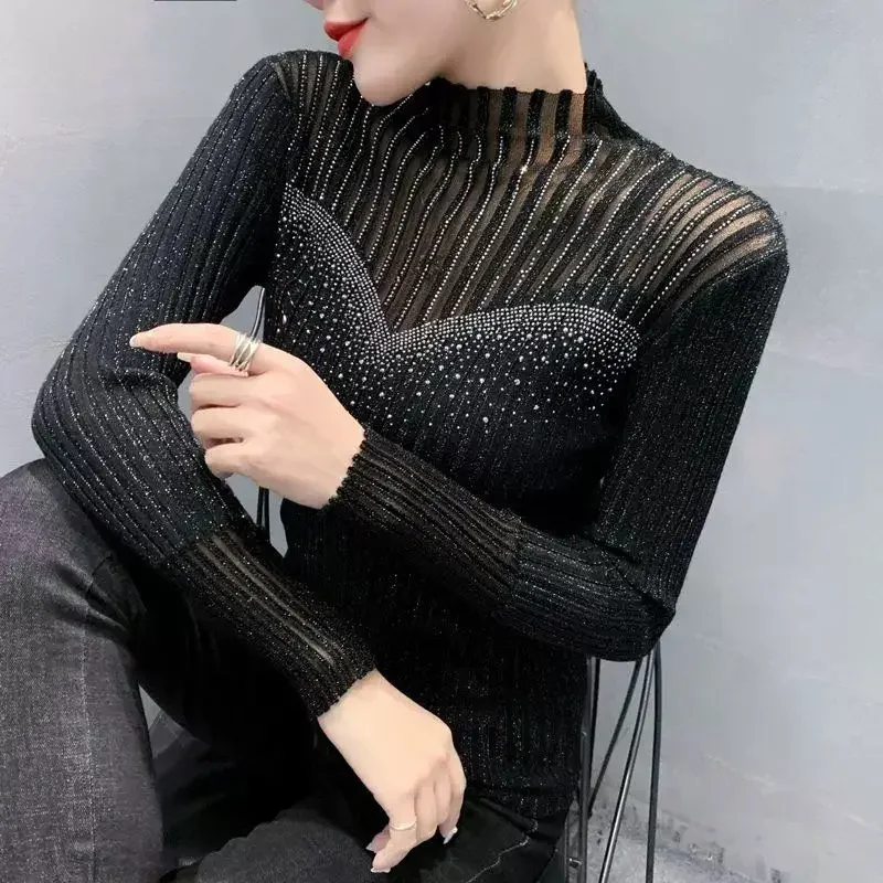 Half High Collar Mesh Lace Sweater Bottom Top for Women Autumn Long Sleeve Jumpers Diamond Hollow Out Slim Knit Pullover