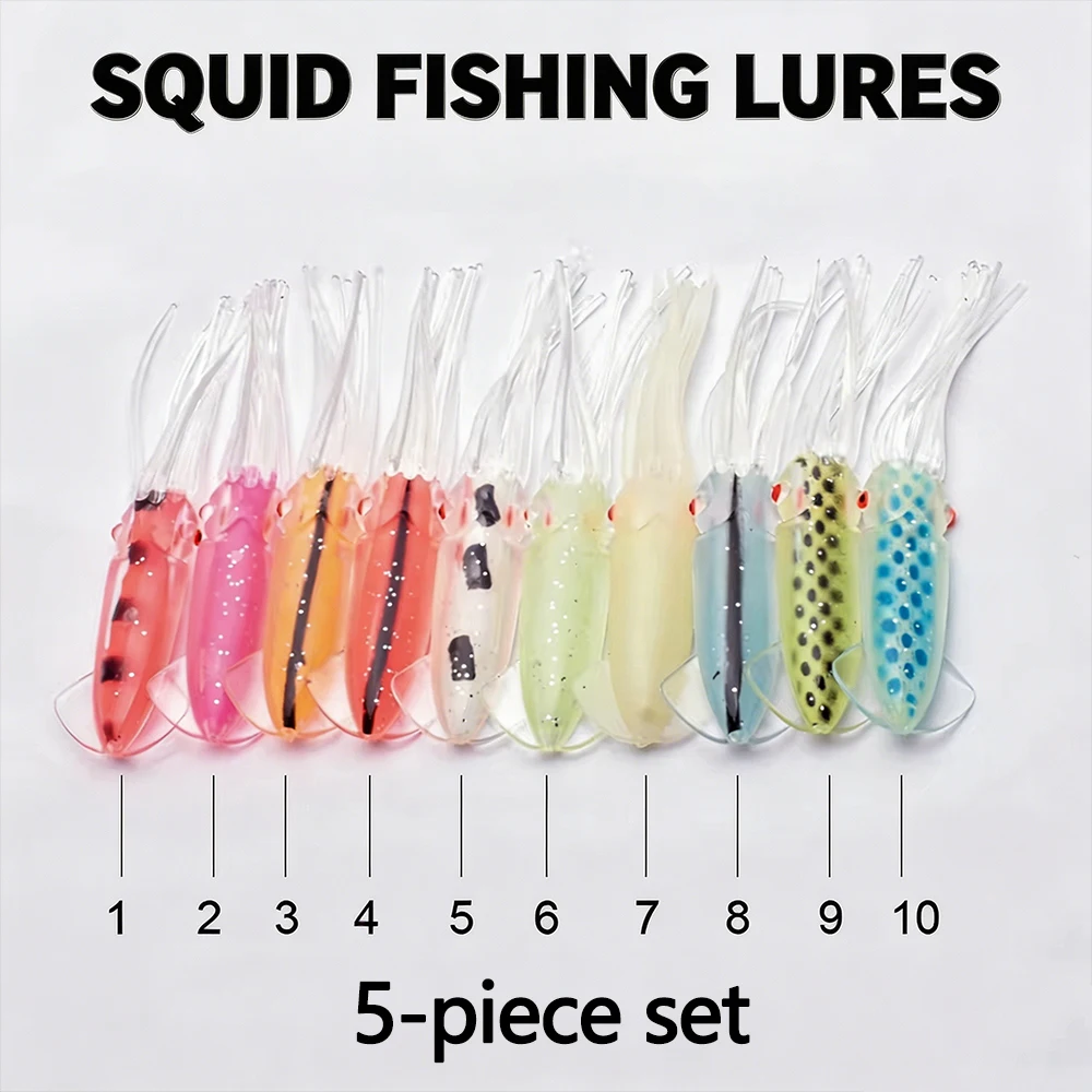 5 Stück/Set Bionischer Tintenfisch-Köder, künstlicher Meeresfischköder, Angelzubehör für den Außenbereich, leuchtender weicher Tintenfischköder, Tintenfisch-Jig