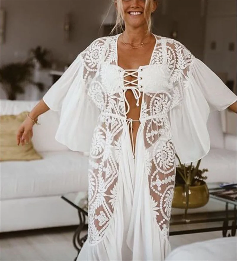 Vestido playero largo de encaje para mujer, traje de baño Sexy de gasa para cubrir Bikini, cárdigan, bata de salón, camisa de protección solar para vacaciones, Blusa