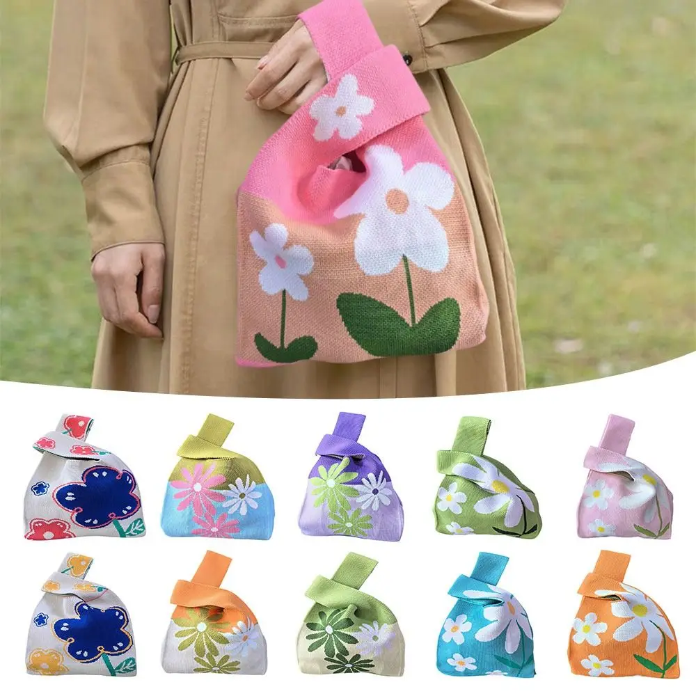 

Повседневная вязаная сумка на запястье с узлом, вместительная сумка с цветочной вышивкой, сумки для покупок ручной работы для женщин и девочек