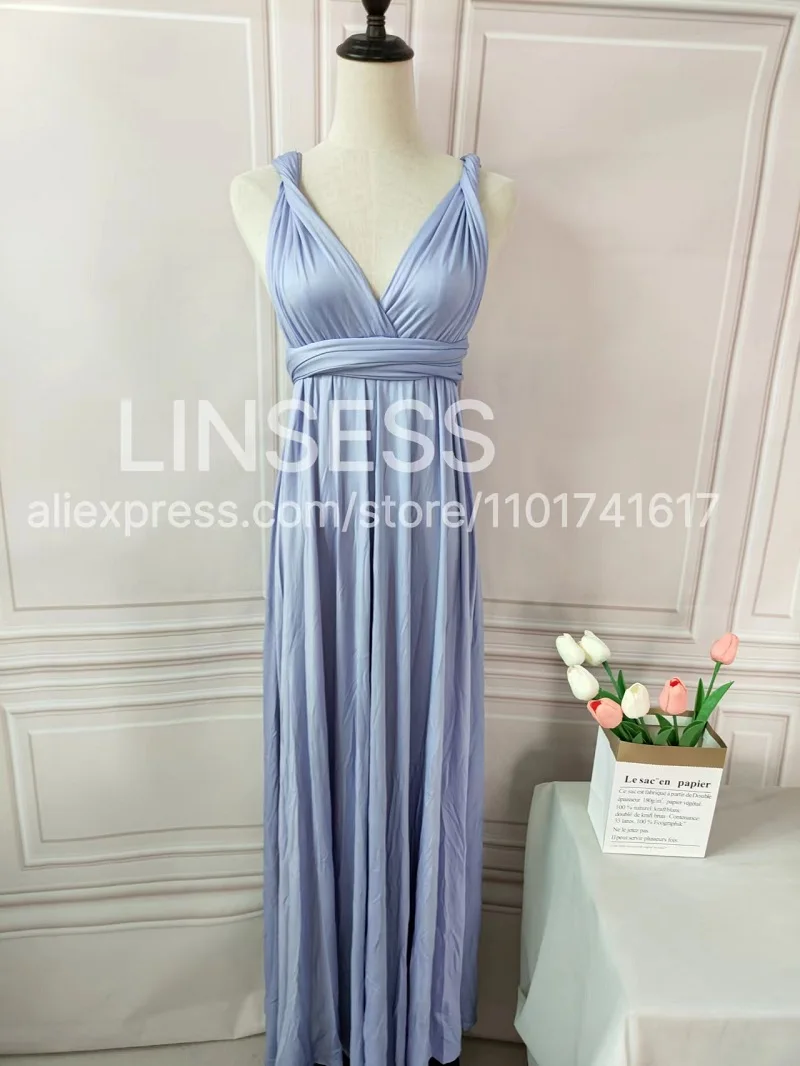 short beach dresses ZAPAKA Women Convertible Bridesmaid Dress Blue Satin Wedding Party Dress  with Slit