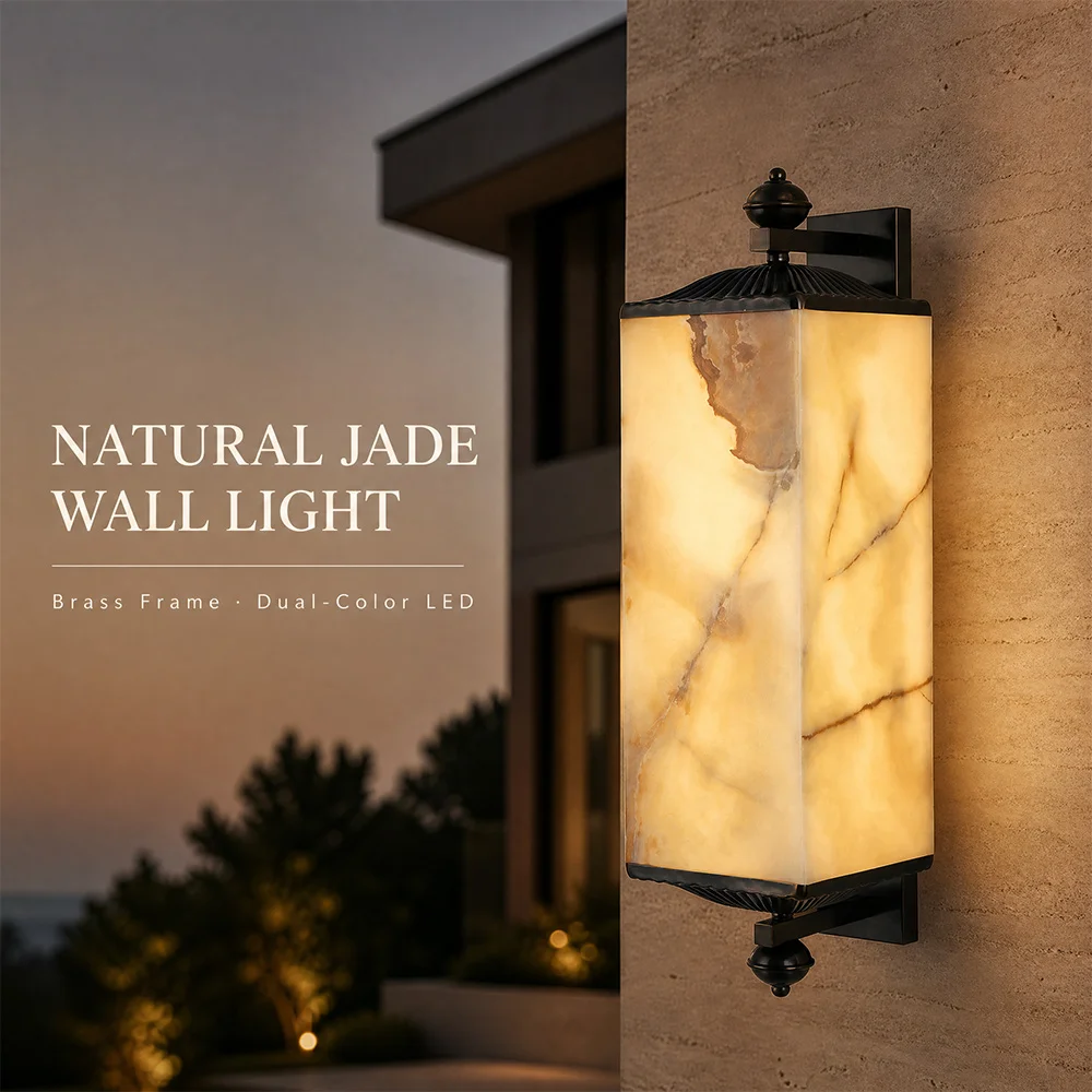 Solid Brass Natural Jade Outdoor Wall Light IP65 Waterproof LED Exterior Sconces H73/103/123cm for Villa Courtyards Garden Porch