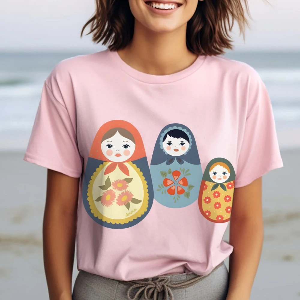 

Graphic T-shirt Matryoshka Family T-shirt 100% Cotton High Quality Oversize Colorful T-shirt Painted Dolls Print Cute Y2K Vibe