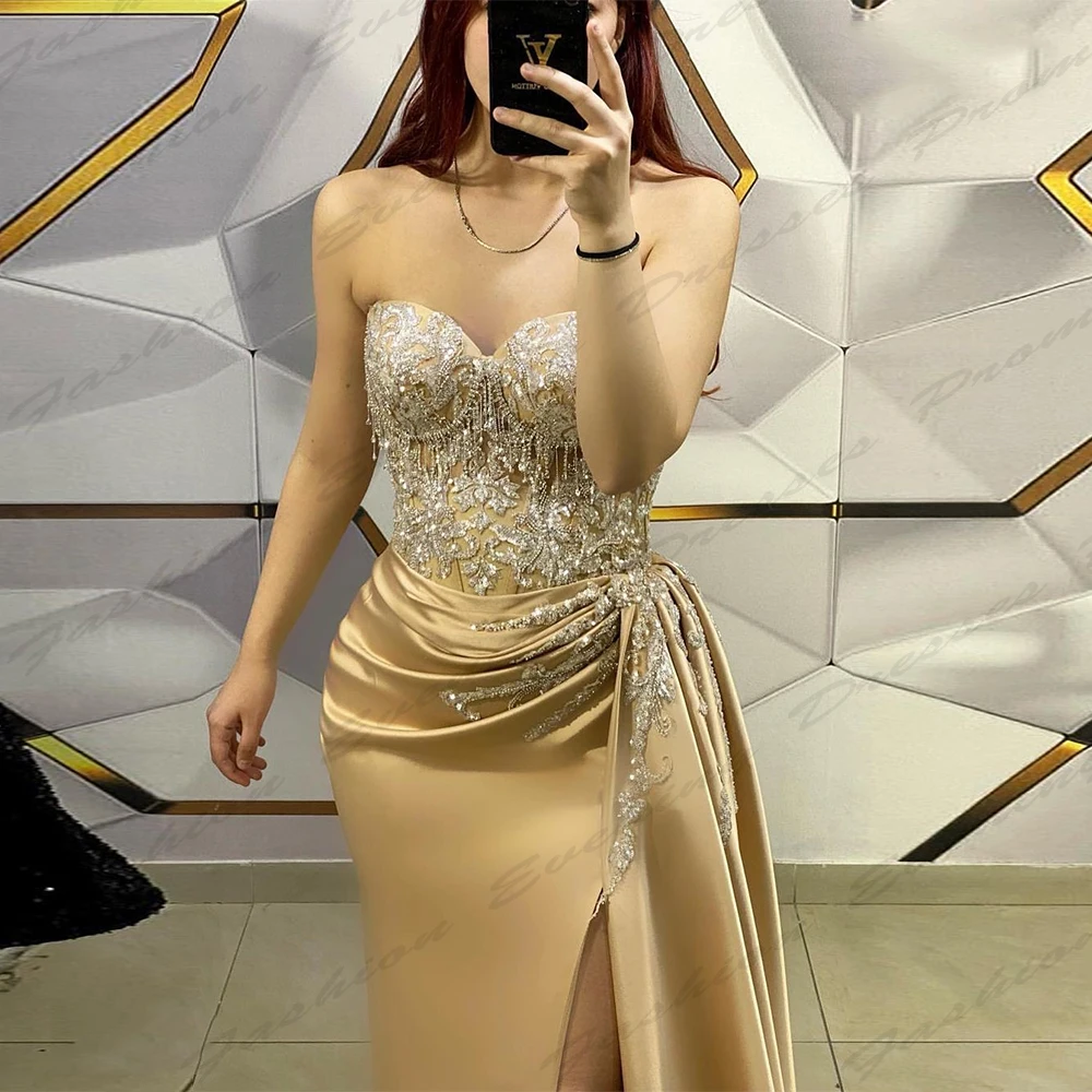 Gorgeous Satin Evening Dresses For Women Sexy Backless Mermaid Off The Shoulder Sleeveless High Slit Simple Mopping Prom Gowns