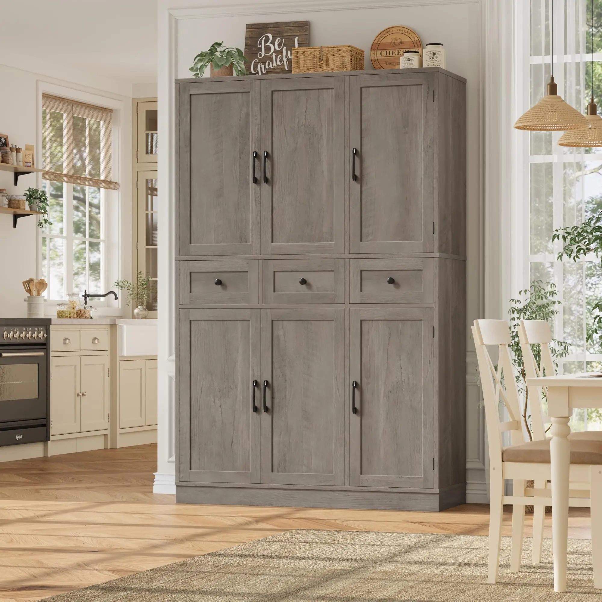Tall Kitchen Pantry Storage Cabinet w/Drawers & Shelves, Ash Gray 47