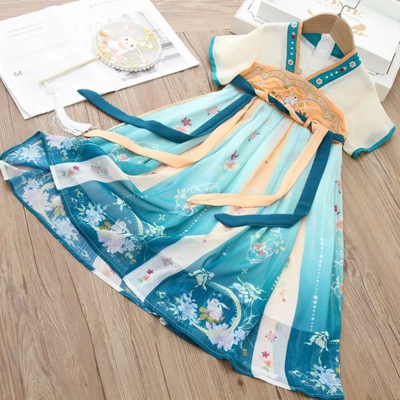 Hanfu Teenage Girls Dress Summer New Chinese Jade Rabbit Embroidery Chiffon Girls Hanfu Dress Children\'s Baby Vintage Dress