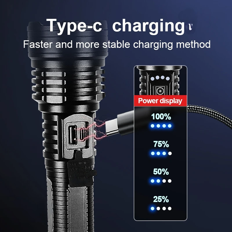 2025 New 9000000LM Flashlight 3000M Long Shot 12H Use IPX6 Waterproof 5 Modes Telescopic Zoom Type - c Charging