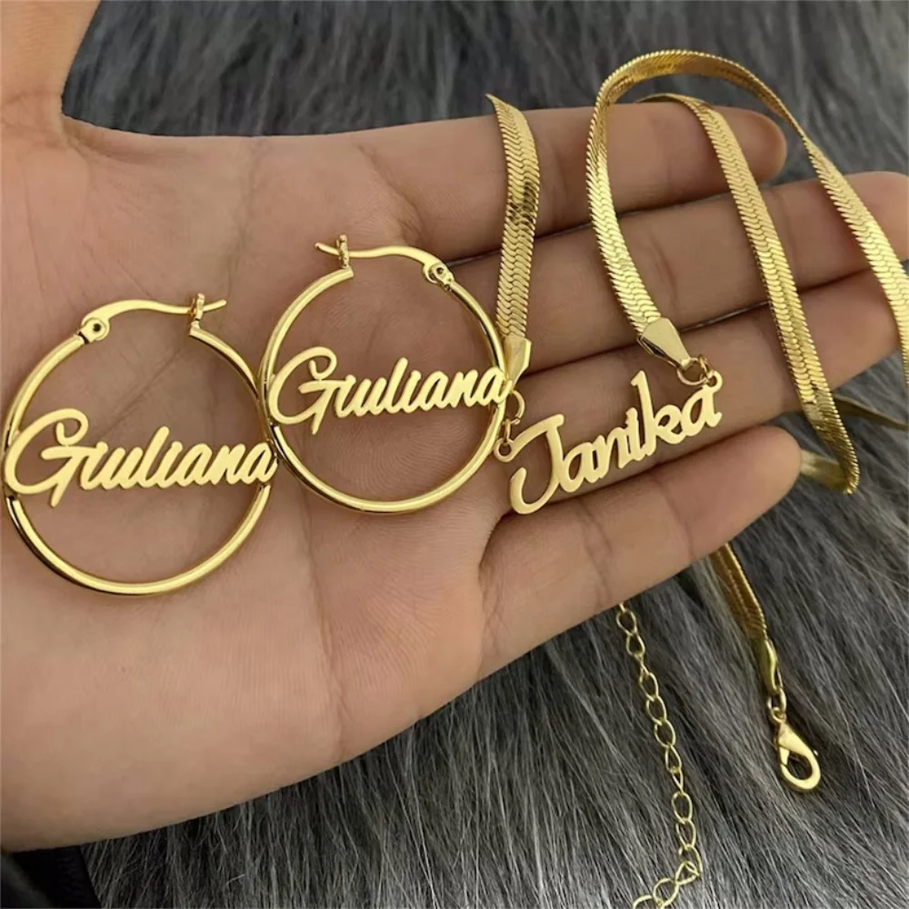LeeChee 5mm Snake Chain Custom Name Pendant 30mm round Hoop Earrings Jewelry Set for Women Birthday Anniversary Gift view 2