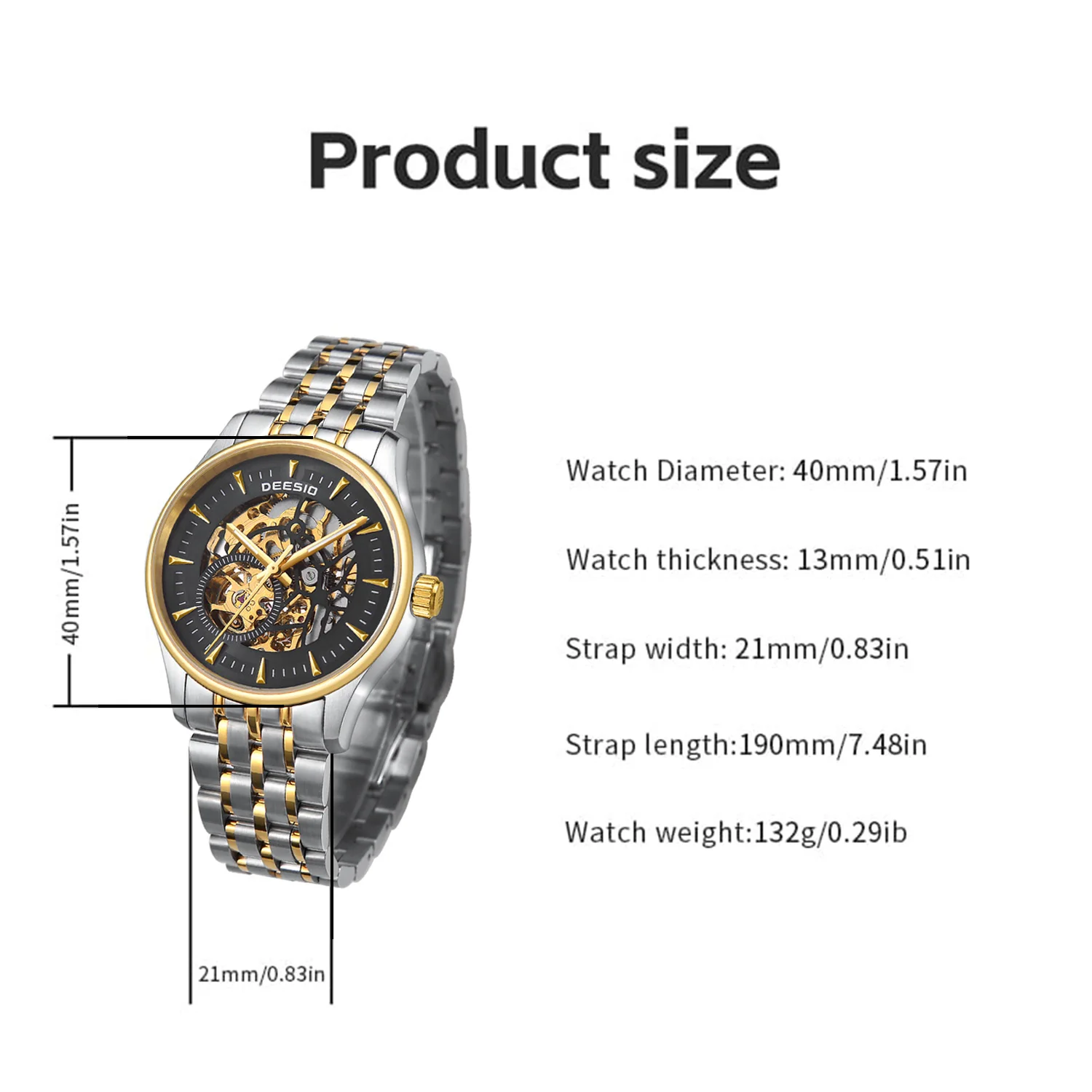 ساعة Deesio للرجال هيكل عظمي أوتوماتيكية فاخرة ميكانيكية من الفولاذ المقاوم للصدأ زجاج الياقوت 40 مللي متر 5ATM مقاومة للماء 36H احتياطي الطاقة #6