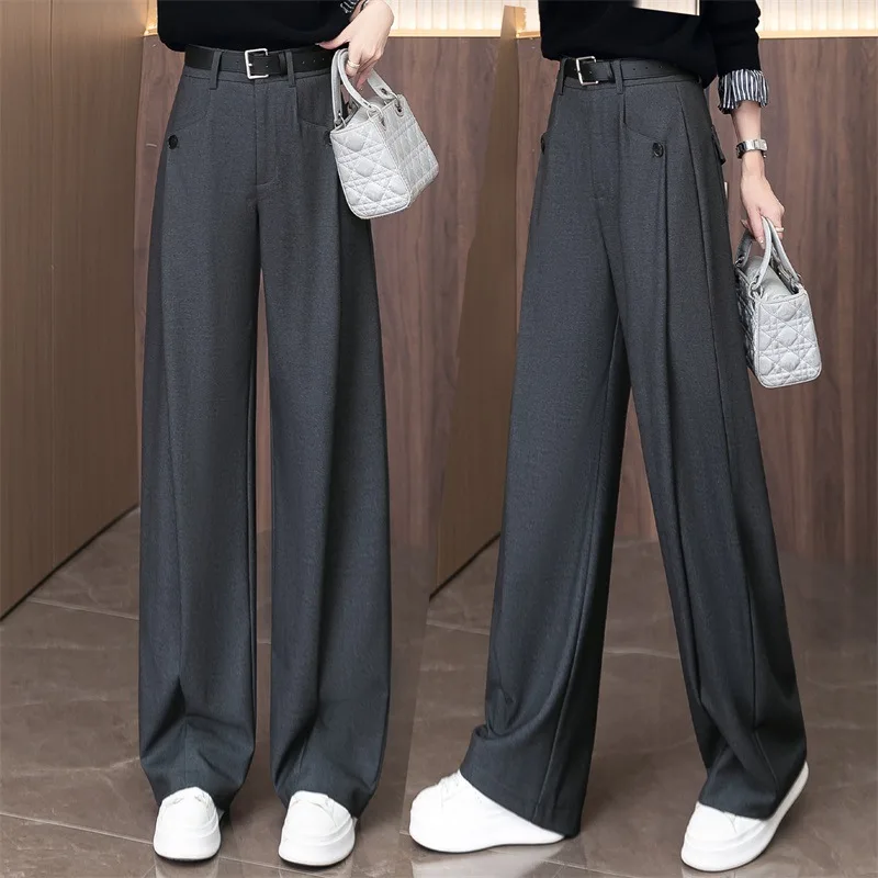 

Gray Suit Pants for Women, , Draped, Loose Fit, Slimming, Woolen, Straight-Leg Pants