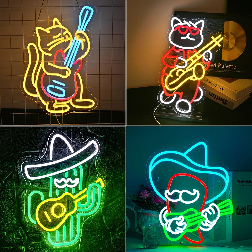 Guitar Neon Sign Cactus Cat Bedroom Decoration Neon Light Dimmable Led Light for Bar Party Music Club Wall Decor Music Neon Sign