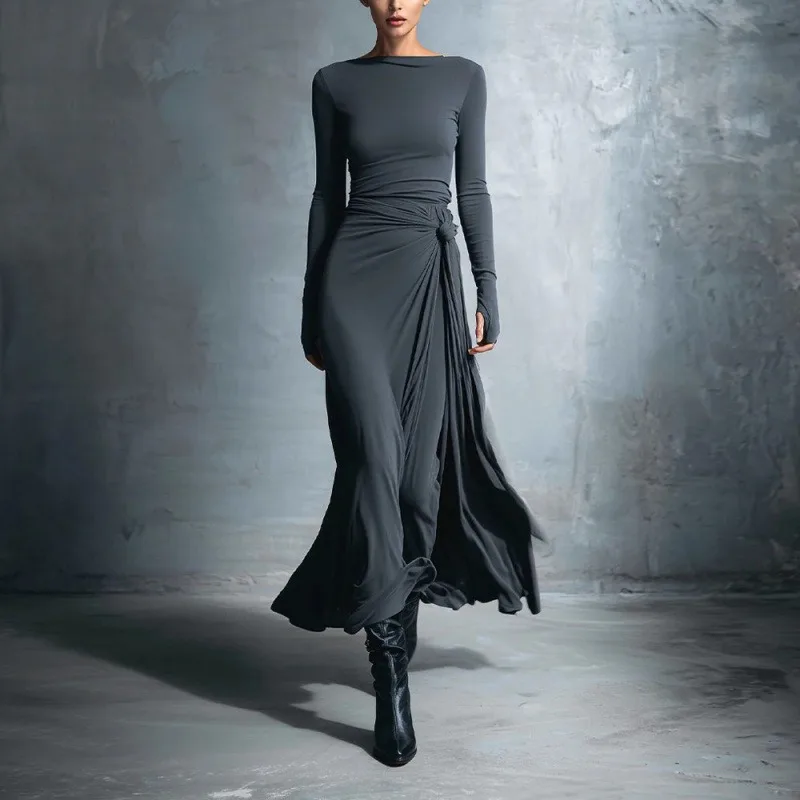 

Women's Spring/Autumn Dress Solid Colour Long Sleeves Pleated Comfortable Casual Minimalist Fashionable Niche Elegant Versatile