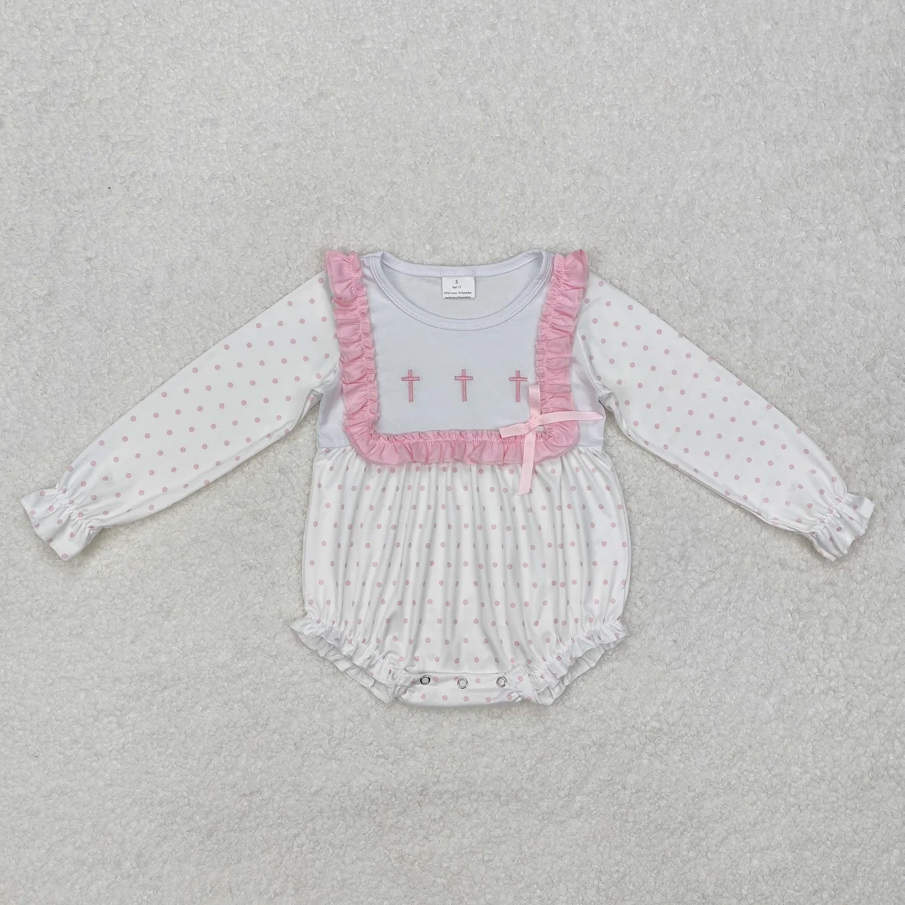 Wholesale Infant Children Bubble Embroidery Crosses Romper Kids Toddler Newborn Baby Girl Easter Long Sleeves Dots Clothing