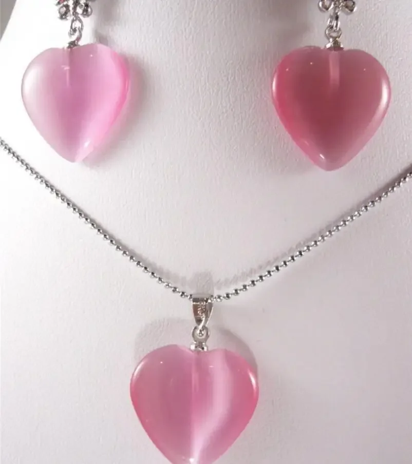 

Set of luxurious Pink Opal Metal Silver Plated Jewelry Set Necklace Earrings romantic