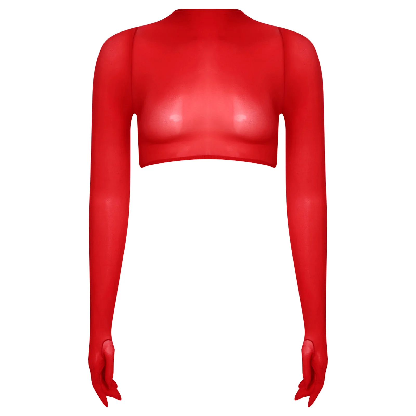 Womens T-shirt Gloved See Through Glossy Crop Top  Long Sleeve Stretchy Tee Sheer Cover-up Blouse Tops Nightwear Rave Clubwear