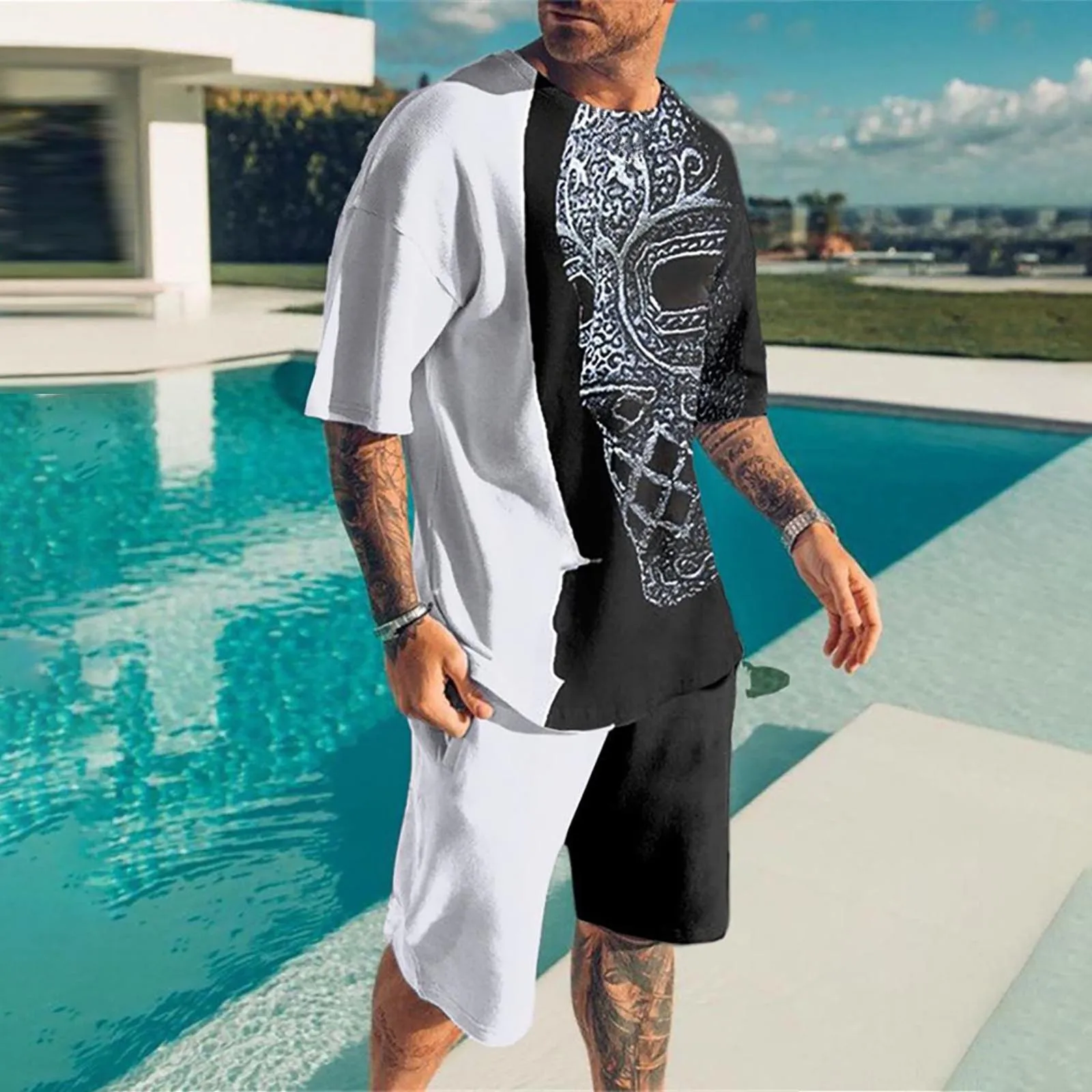 Men'S 3d Printed 2 Piece Short Sleeve Suit Shorts Beach Personality Tropical Hawaiian Sports Shorts Sports Loose Suit Streetwear