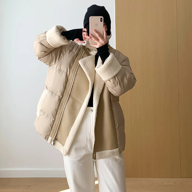 

Women's Winter Short Down Jacket, Large Lapel, Thick Loose Warm Puffer Coats, Patchwork Lamb Wool, Korean Casual Down Jackets