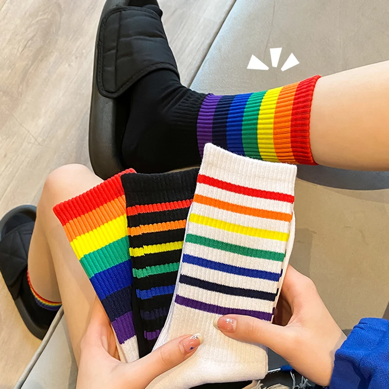 

Unisex Autumn Winter Japanese Colored Striped Stockings Preppy Couple Hosiery Women Men Middle Tube Harajuku Rainbow Socks