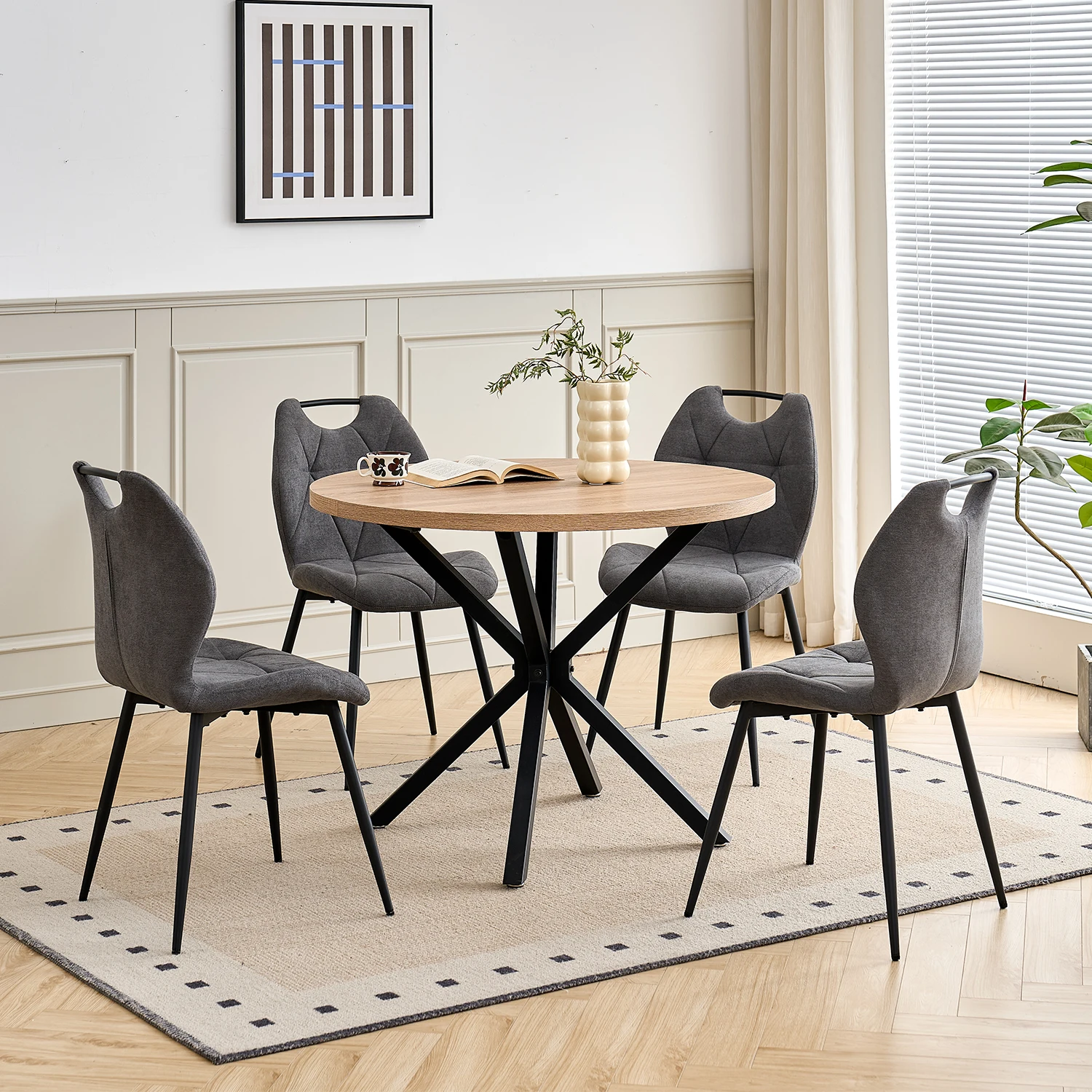 Ein Set aus 4 modernen Esszimmerstühlen + rundem Esstisch, rundes Esstisch-Set mit gepolsterten Stühlen, für Familien- und Café-Nutzung. – Detail 10
