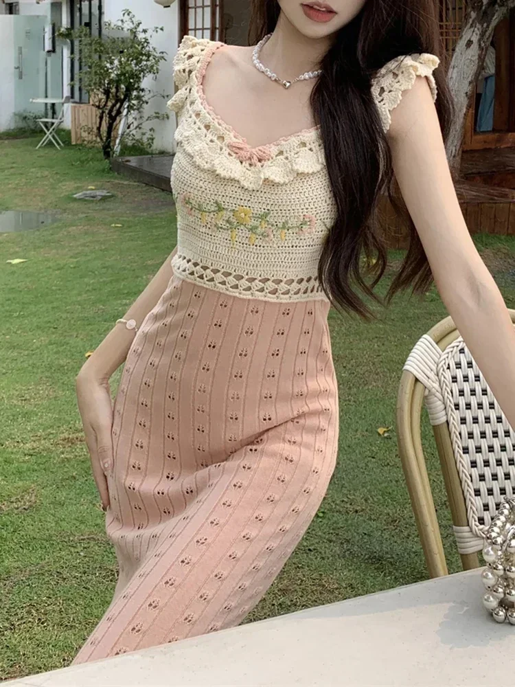 

French Style High Street Sexy Square Neck Sleeveless Backless Strapless Female Dress Hook Flower Hollow Women's Fashion Dresses