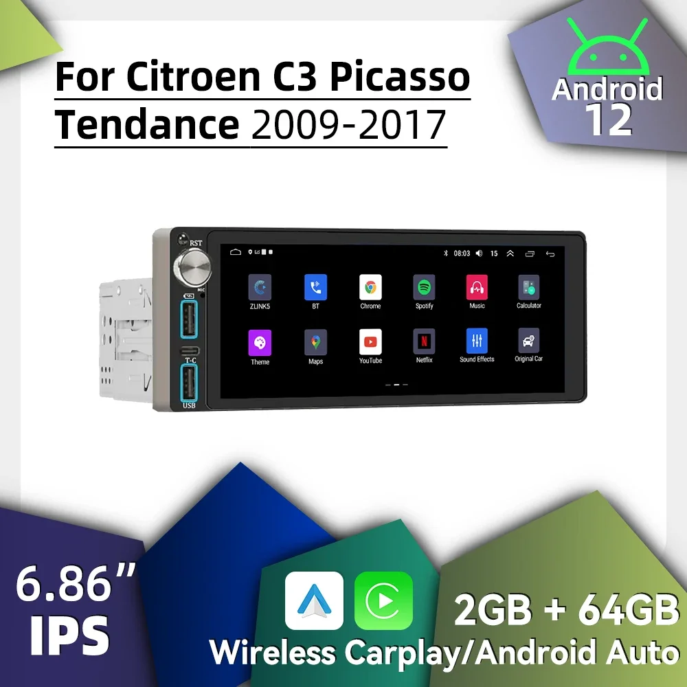 Carplay 1 Din Radio Android Car Multimedia for Citroen C3 Picasso Tendance 2009-2017 6.86