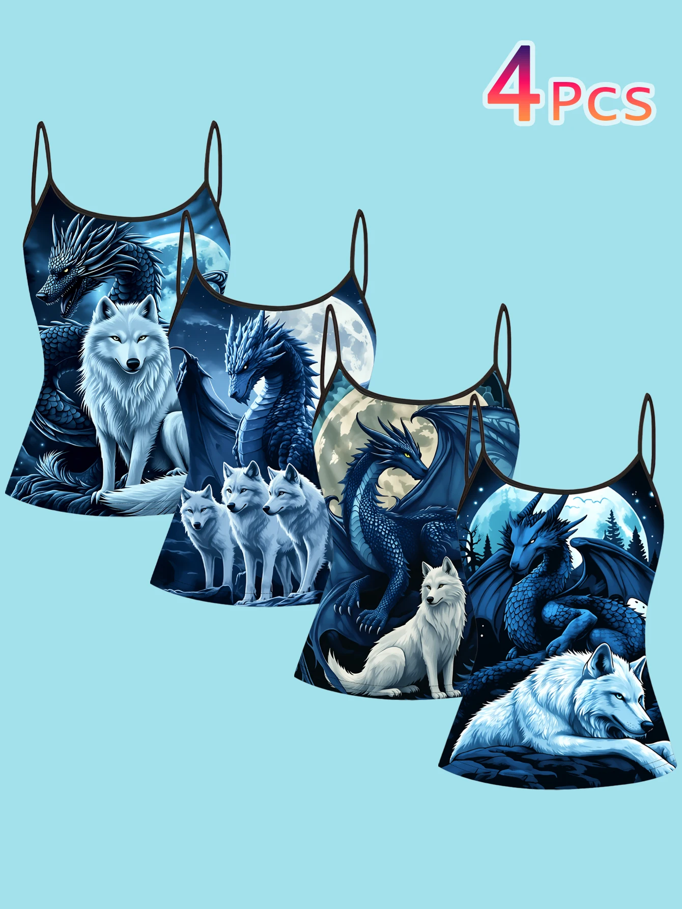 4-Piece Set of Women's Blue Moon Dragon and White Wolf Print Camisoles, Fantasy Moonlight Dragon and Wolf Realistic Pattern Slim-Fit Spaghetti Strap Inner Tops