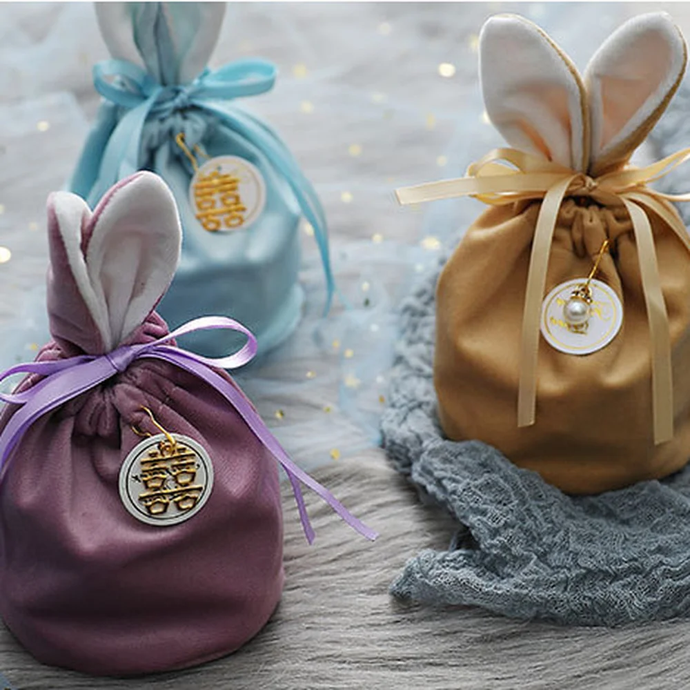 Rabbit Ear Velvet Candy Bag for Children Students Stationery Holder Bag Case Wedding Gift Pouch Handbag Staff Cards Organizer