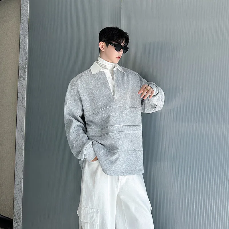 WTHT Fashion 2026 Summer Men's Spliced Contrast Color Button Thicken Sweatshirts Trendy Lapel Casual Pullover Male 2A2843