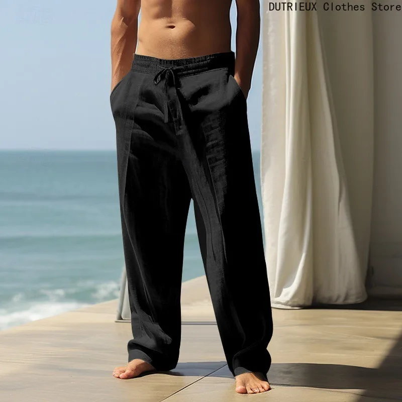 Men's Cotton and Linen Pants 2025 Summer Drawstring Elastic Waist Loose Breathable Casual Long Trousers High Street Trend Item