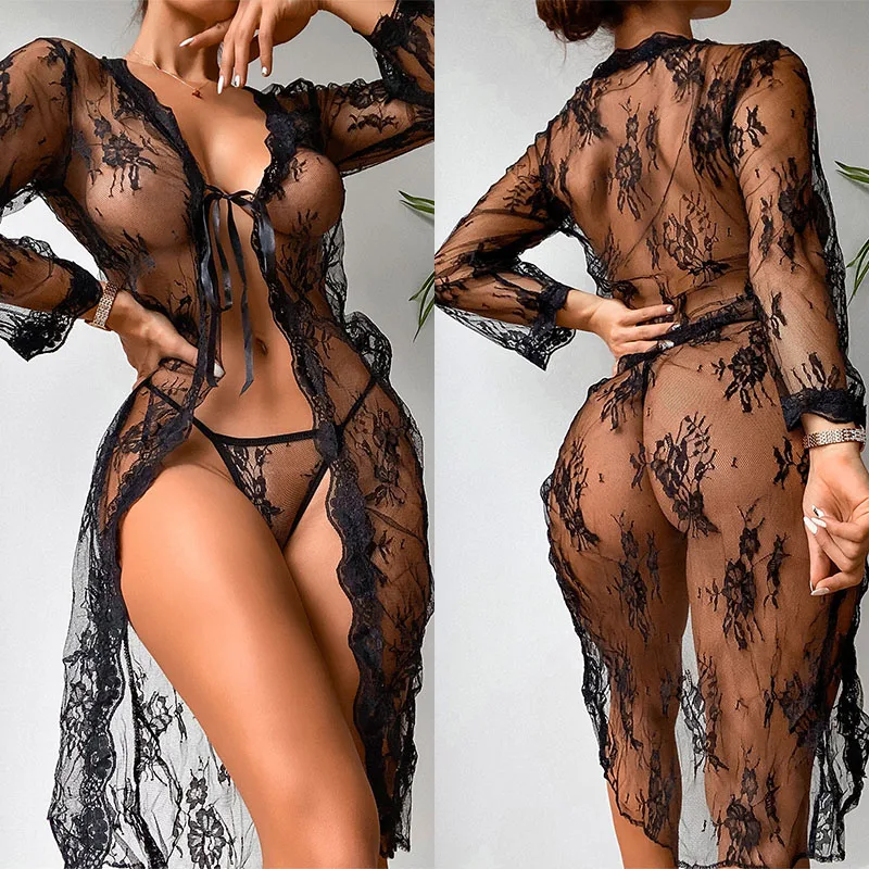 Floral Lace Long Dress Open Sleepwear Sexy Lingerie Woman Soft See-through Pajama Porn Roleplay Costume Erotic Nightgown Sex Set