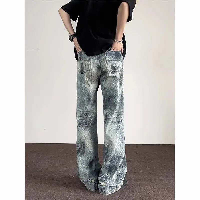 

American Fashion Heavy Industry Tie Dye Jeans Men's Loose Wide Leg Pants Retro Ripped Micro Flared Pants Male Clothing