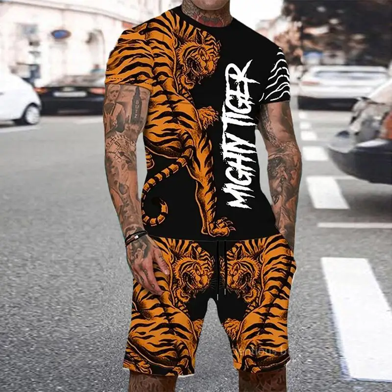 Animal Tiger Tracksuit 3D Print Men's Beach Suits Casual O-Neck Short Sleeve T-Shirt Shorts Sets Sportswear Men 2pcs Clothing - view 2