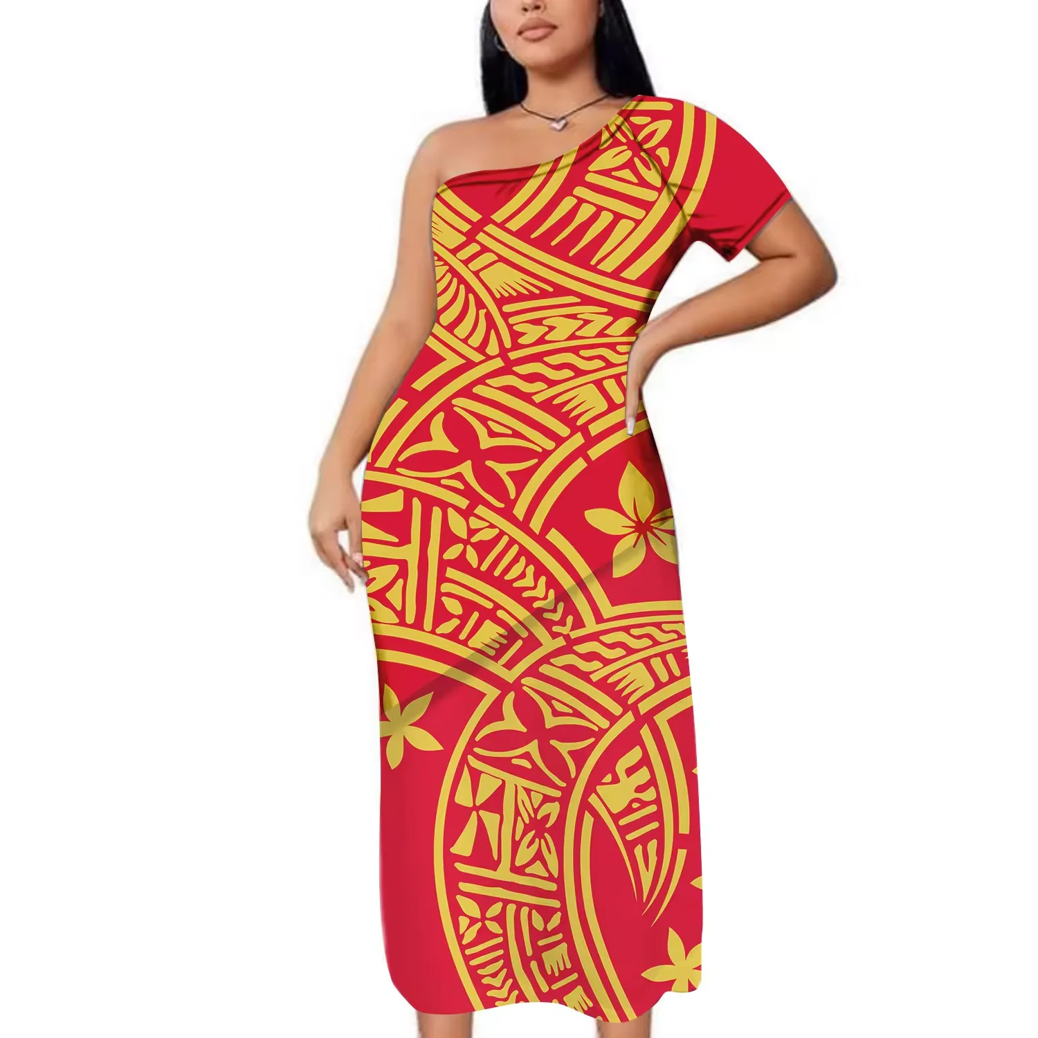 Factory Hot Sale Custom Plus Size Polynesian Tribal One Shoulder Two Pieces Sets Maxi Dress for women