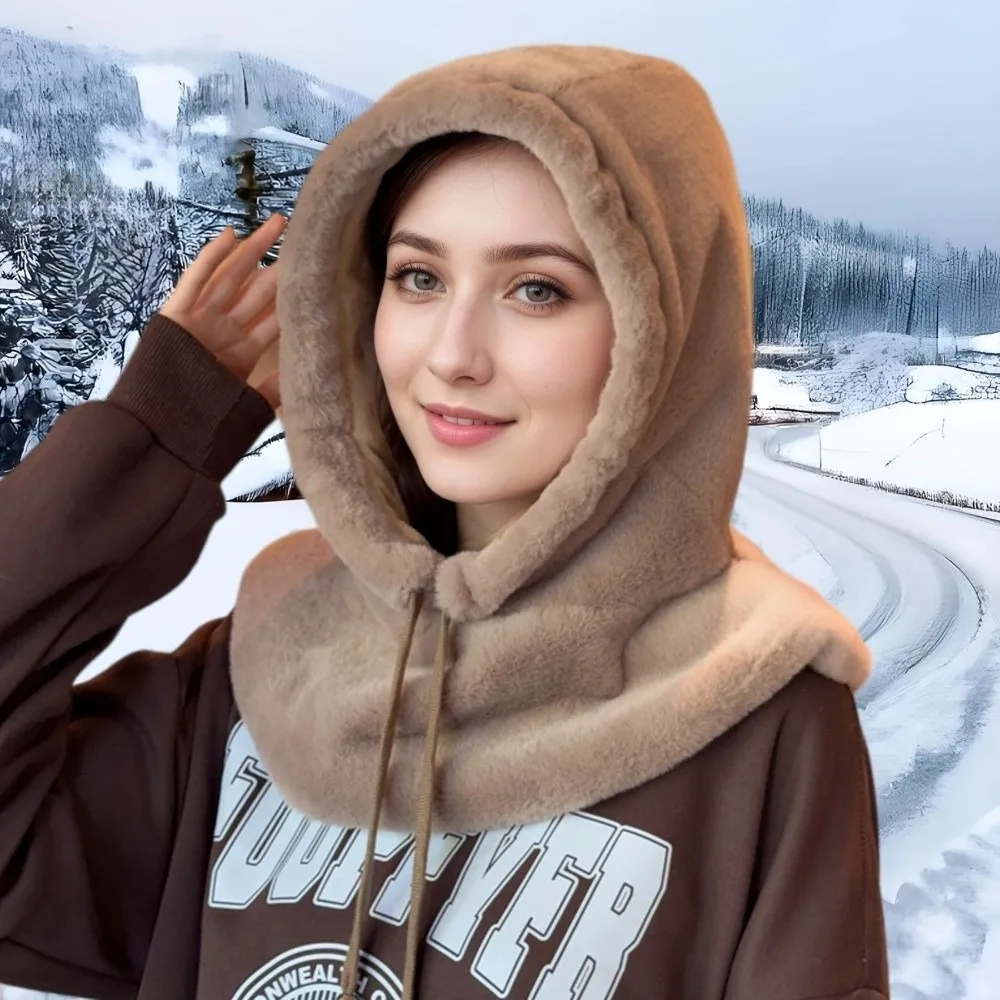 

New Warm Shawl Hat Coldproof Windproof Hooded Hat Fluffy Fur Beanie Hat Autumn and Winter