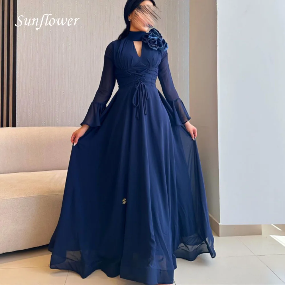 Sunflower Dark Blue V-Neck Prom Gowns Long Sleeve A-LINE Evening Dress Simple Slim Party Dress 2023 Chiffon High-end Custom