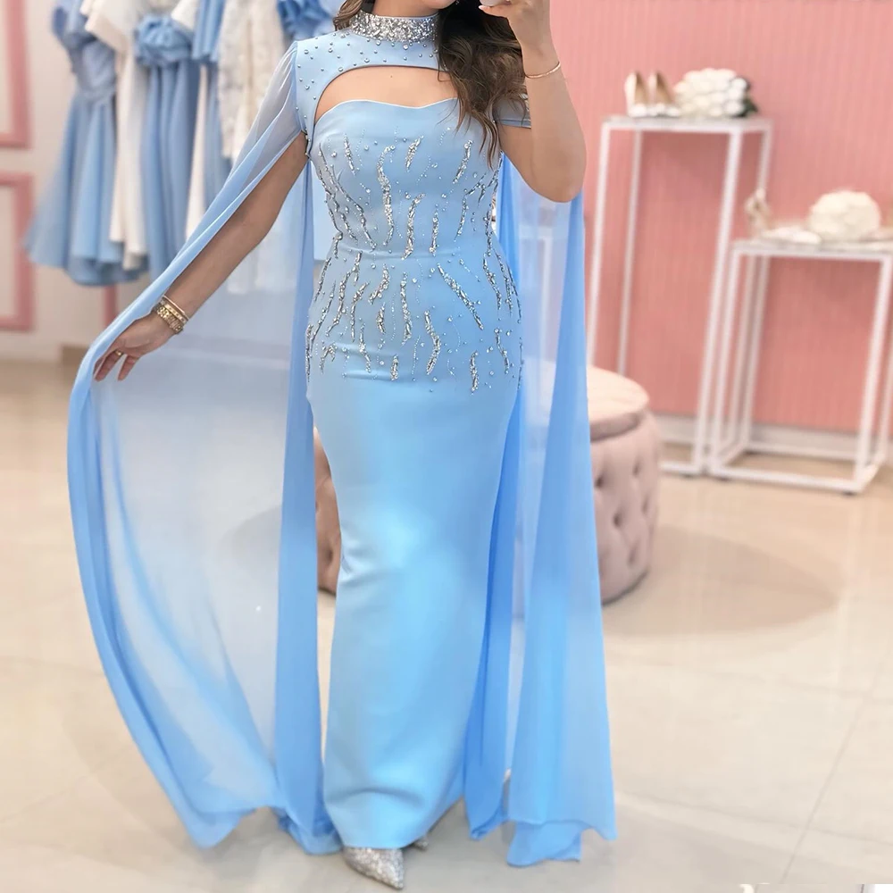 

Customized Straight Evening Dresses Floor-length High-neck Sleeveless Prom Gown Fashion Crystal Simple Stole Draped Party Gown
