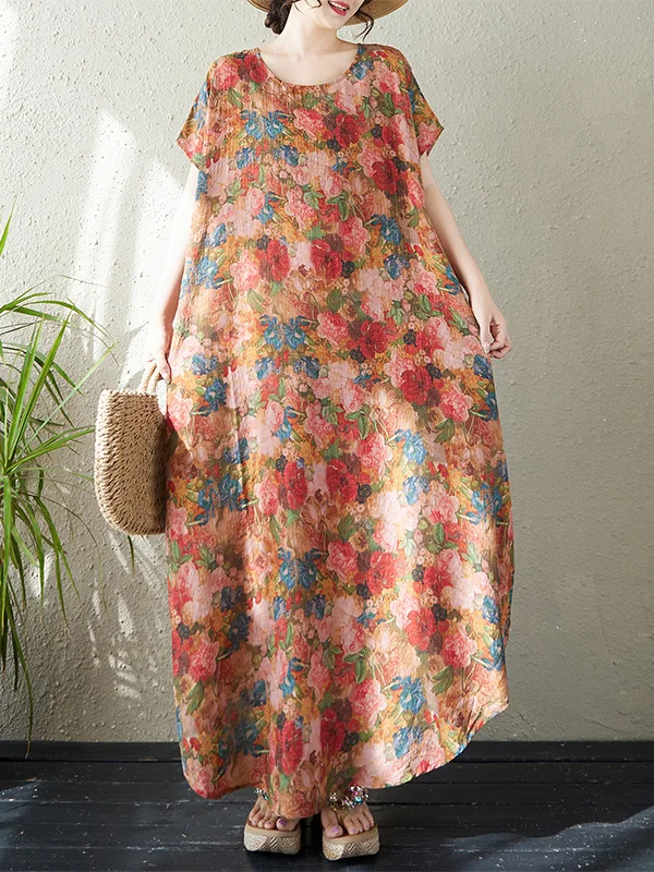 

Свободное хлопково-льняное платье с принтом больших размеров, скрывающее недостатки фигуры, стройнящее, в винтажном праздничном стиле, с коротким рукавом, длинное