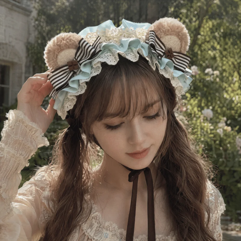 

Adjustable Bear Ear Cookies Headband Sweet Lace-up Lolita Hair Hoop Polyester Material Lace Bow KC Girl Hair Accessory