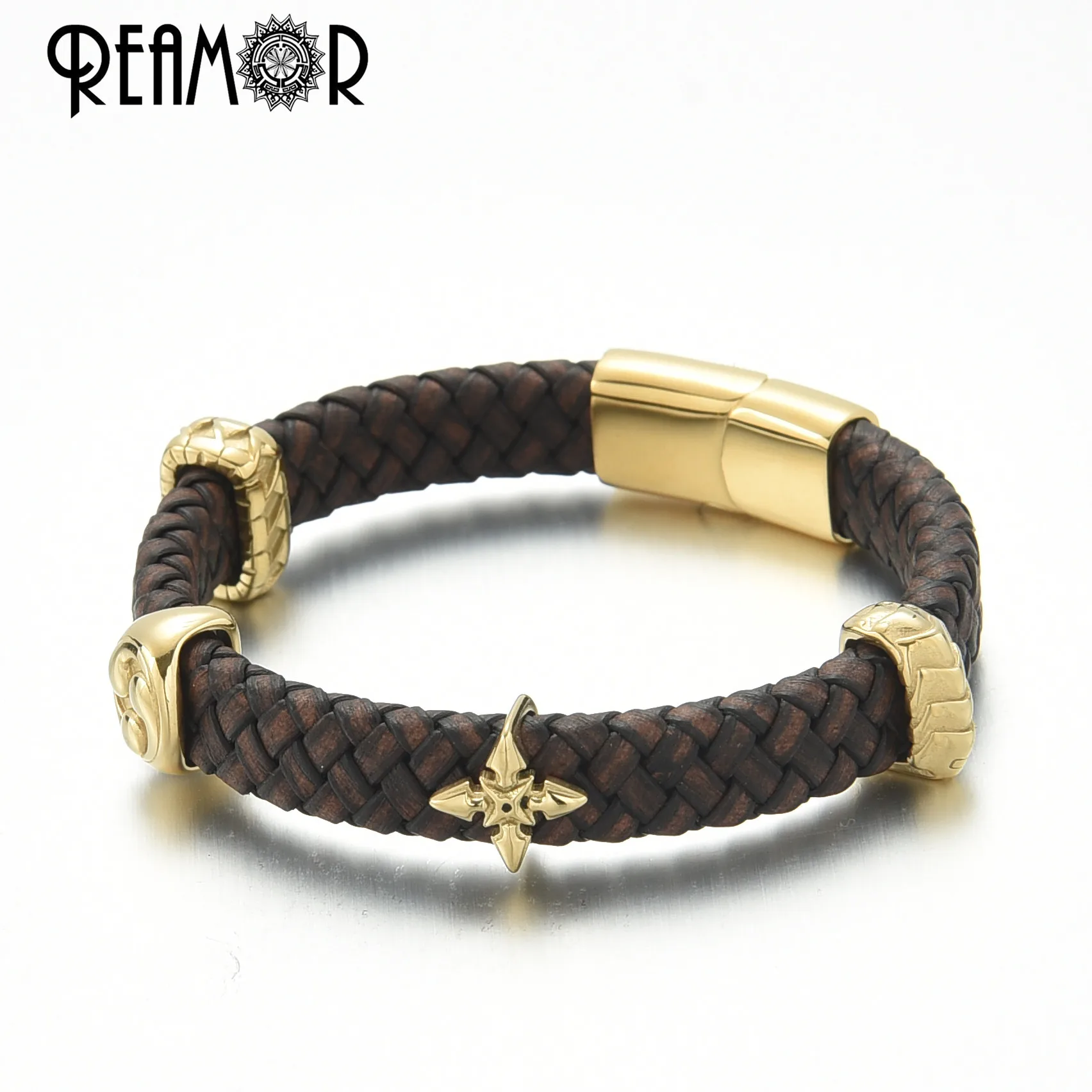 REAMOR Gold Color Ninja Style Stainless Steel Kitsune Mask Charms Bangles Braided Genuine Leather Armor Bracelets For Men