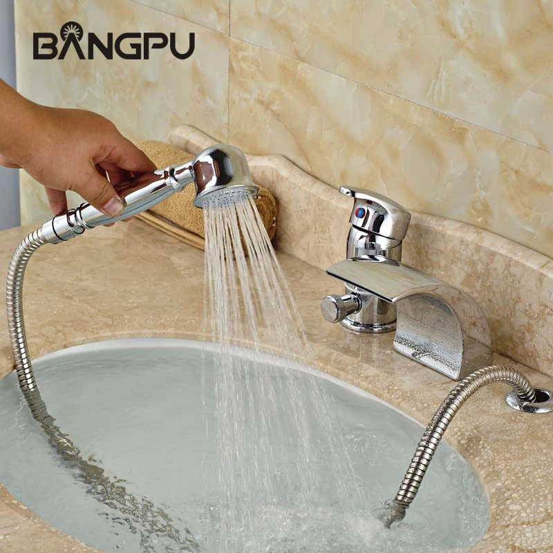 

3 Hole Bathtub Faucet Set with Sprayer Deck Mounted Bath Tub Faucet with Handheld Shower Roman Waterfall Tub Faucet Set Chrome