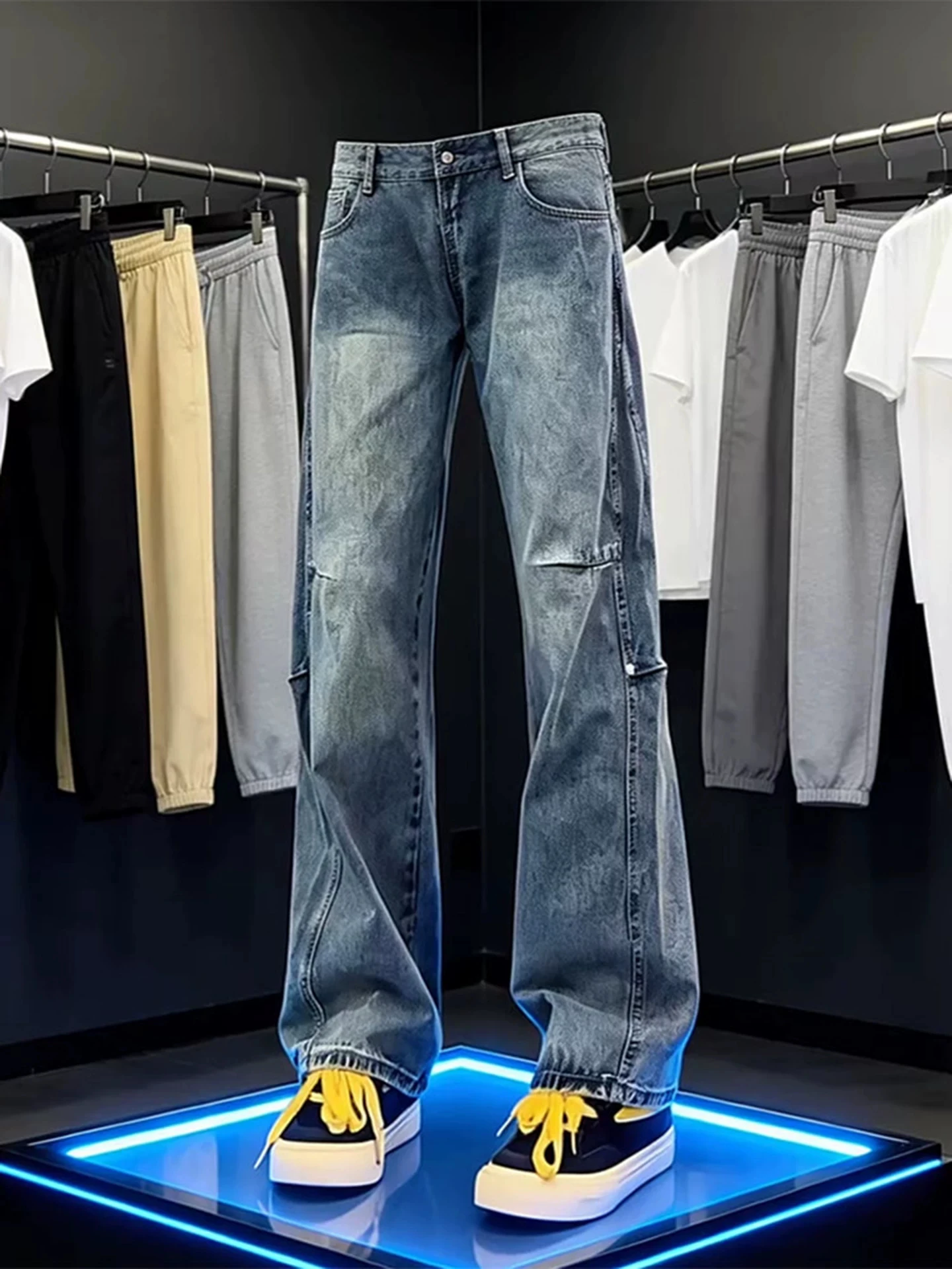 Blue Deconstructed Rivet Workwear Jeans Men Summer Cleanfit American High Street Straight Leg Micro Flare Knife Pants