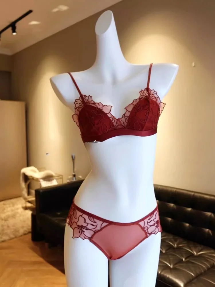MOYISU Sexy besticktes Spitzen-BH-Set im französischen Stil – ohne Bügel, Dreieck-Cup, kleine Brüste, Unterwäsche für Frauen mit großen Brüsten
