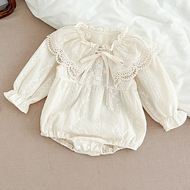 0-2Yrs Fashion Clothes Baby Romper Newborn Bodysuit Lace Peter Pan Collar Princess Bow Romper Long Sleeves Infant Girl Jumpsuit