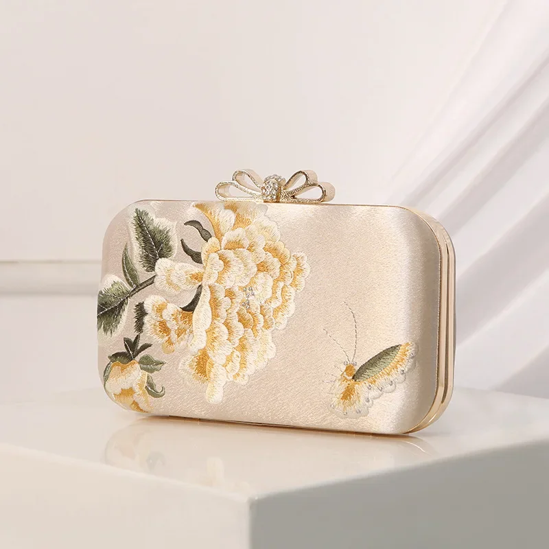 Bolso de mano para fiesta de boda de estilo chino, bolsos de noche con bordado de flores para mujer, bolso de mano cuadrado dorado y negro y bolso de satén