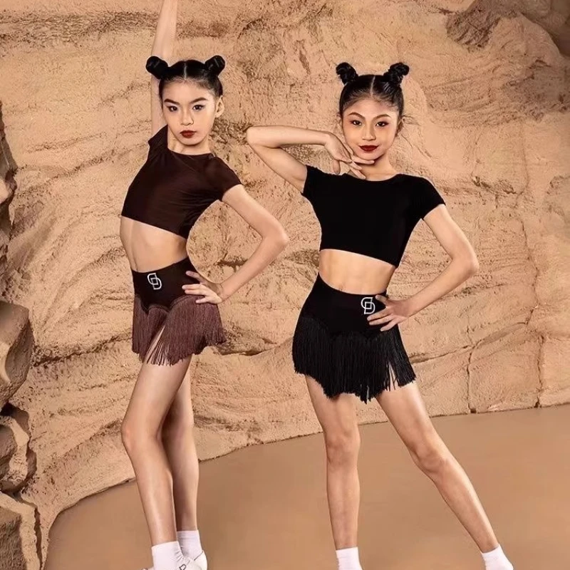 Ensemble de danse latine pour filles, vêtements d'été pour enfants, jupe à franges noire, Cha Cha Rumba Samba, vêtements d'entraînement de danse, nouvelle collection