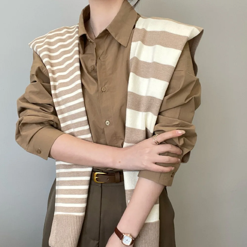 

Simple Sunscreen Men Knitted Shawl Wraps Cloak Asymmetry Stripe Scarf Korean Style Knotted Fake Collar Wraps Blouse