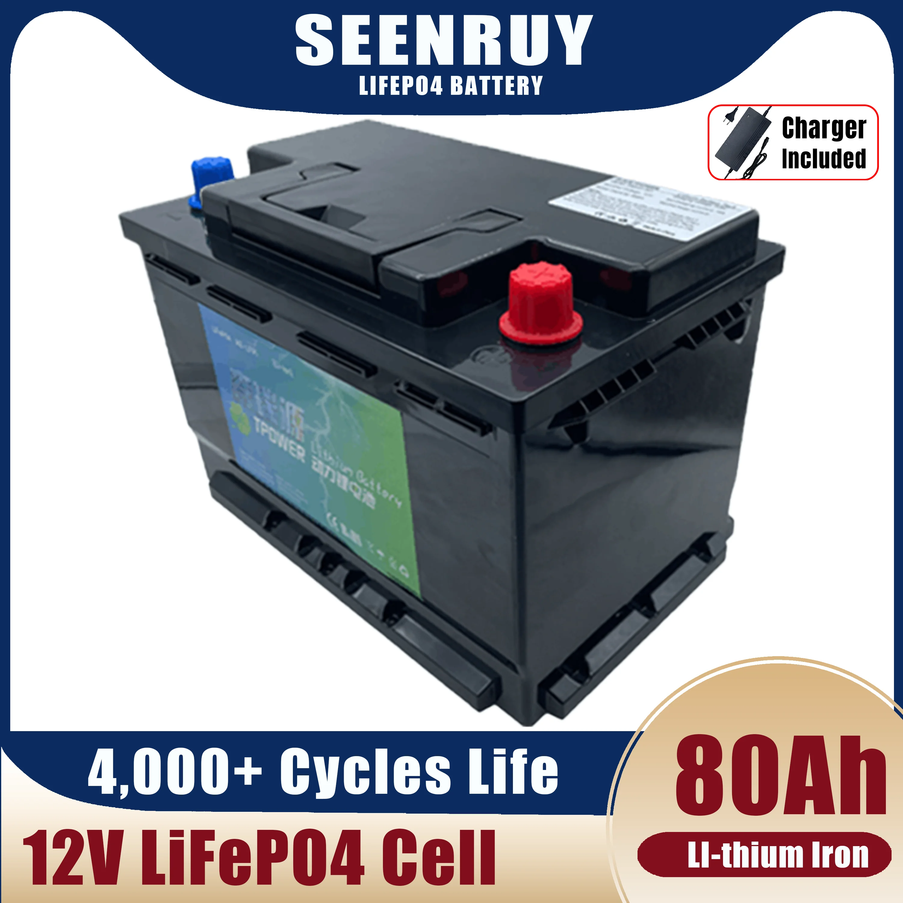 Seenruy High Safety 12V 80Ah LiFePO4 Battery Lithium Iron Automobile Starter Storage Cranking Bateria Charger Included