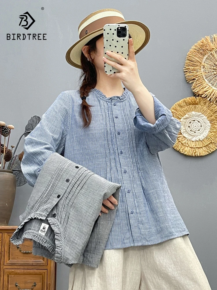 

New 2025 Autumn Cotton Yarn Long Sleeve Shirt, Women Ruffled Folds Striped, Mori Girl French Versatile Loose Blouse T58046CC