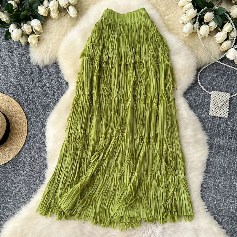 Novedad en 2025, falda larga por debajo de la rodilla con borlas para primavera y verano para mujer, ropa de calle de cintura alta a la moda, faldas informales